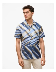 Cotton Abstract Stripe Short Sleeve Shirt in Duck Egg Blue