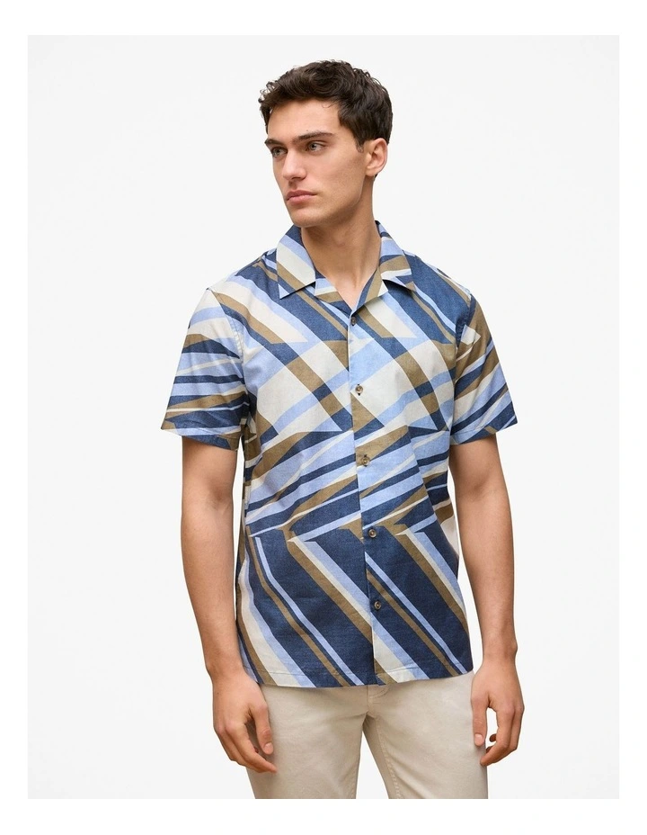 Cotton Abstract Stripe Short Sleeve Shirt in Duck Egg Blue image 1
