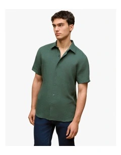 Linen End On End Short Sleeve Shirt in Woodland Green