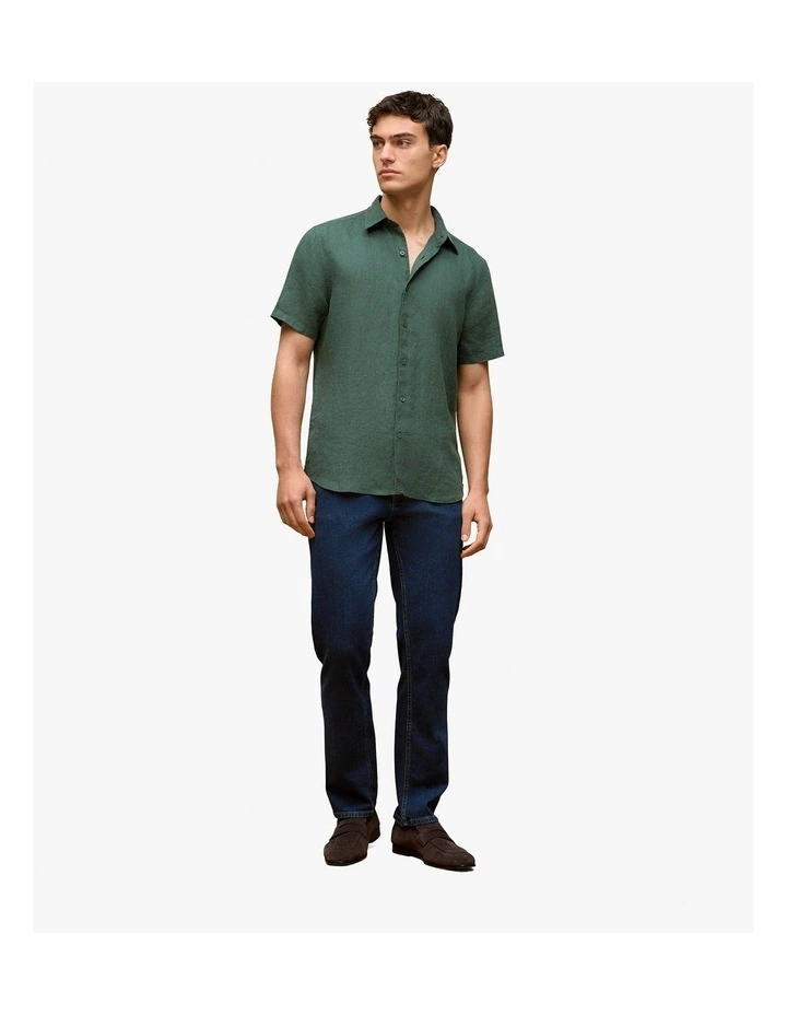 Linen End On End Short Sleeve Shirt in Woodland Green image 2