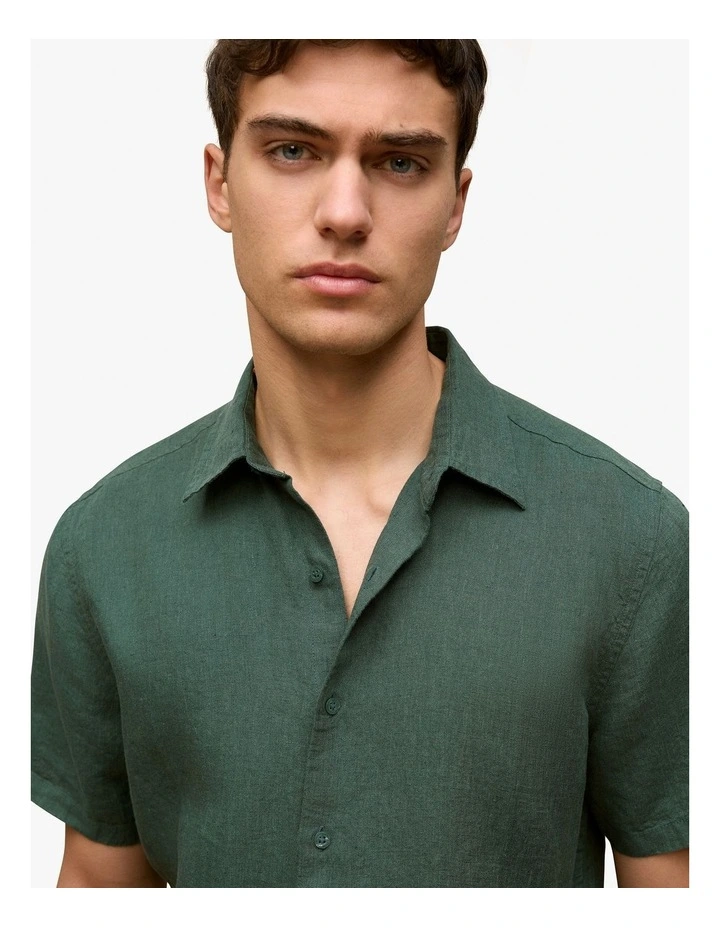 Linen End On End Short Sleeve Shirt in Woodland Green image 3