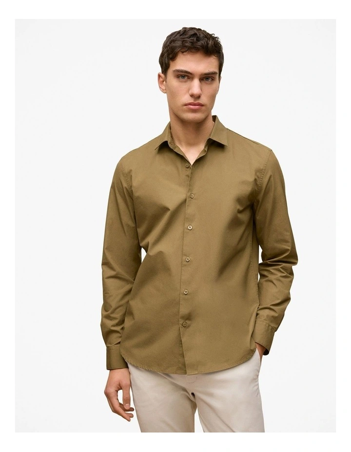 Tailored Fit Cotton Poplin Shirt in Dark Khaki image 1