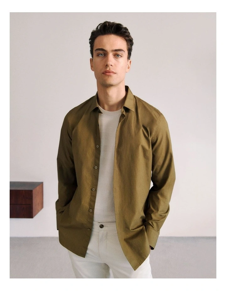 Tailored Fit Cotton Poplin Shirt in Dark Khaki image 2