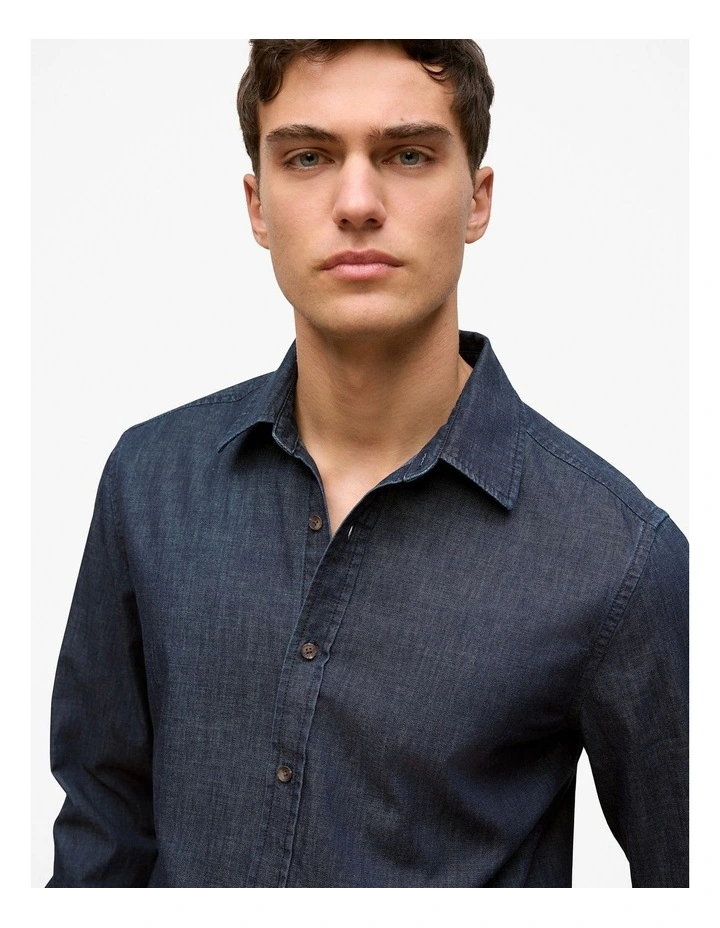Regular Fit Denim Chambray Shirt in Indigo Rinse image 3