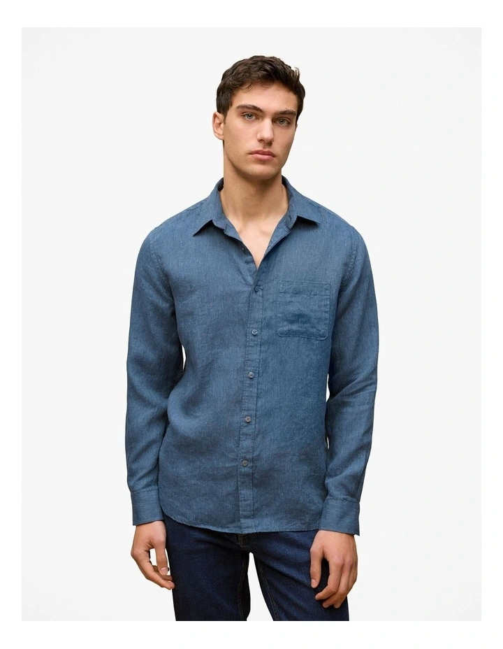 Regular Fit Linen Fine Stripe Shirt in Navy Stripe image 1