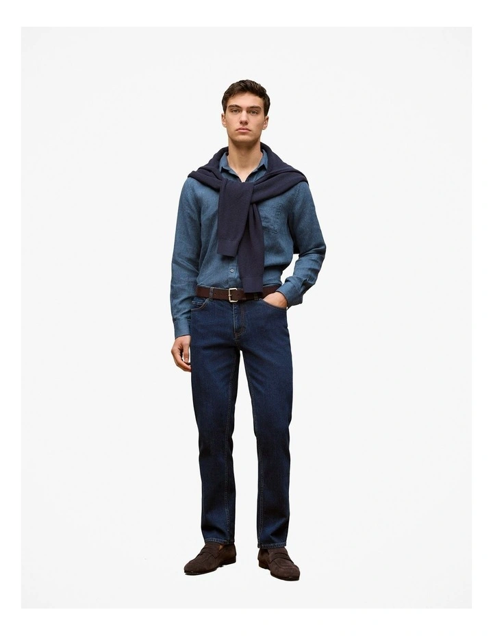 Regular Fit Linen Fine Stripe Shirt in Navy Stripe image 2