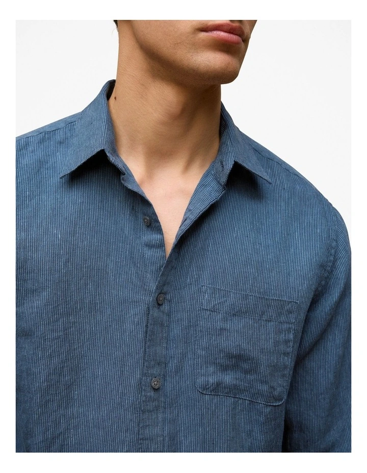 Regular Fit Linen Fine Stripe Shirt in Navy Stripe image 3
