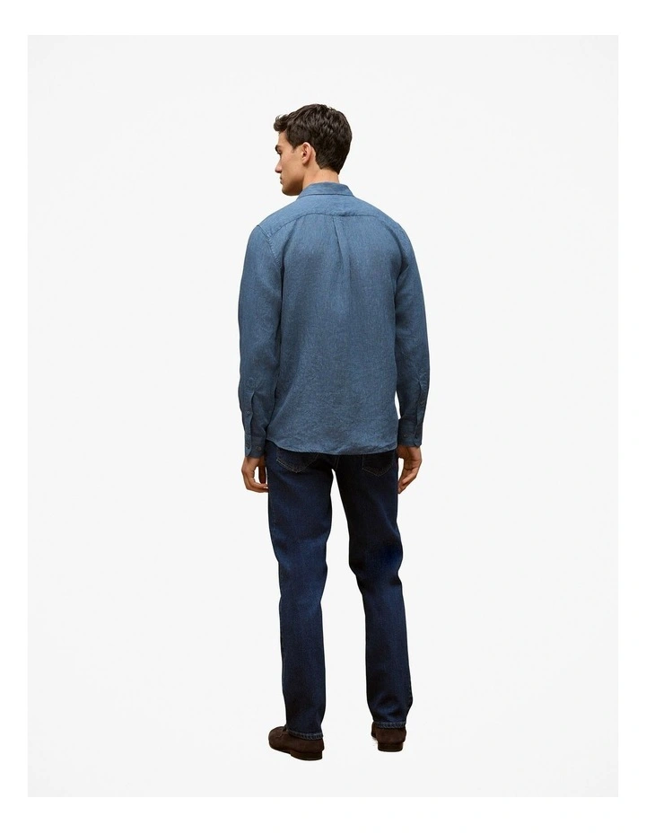 Regular Fit Linen Fine Stripe Shirt in Navy Stripe image 4