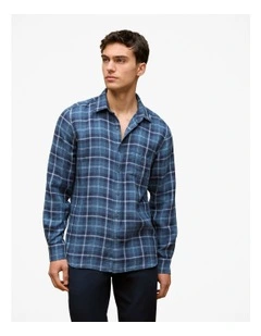 Regular Fit Linen Classic Check Shirt in Navy