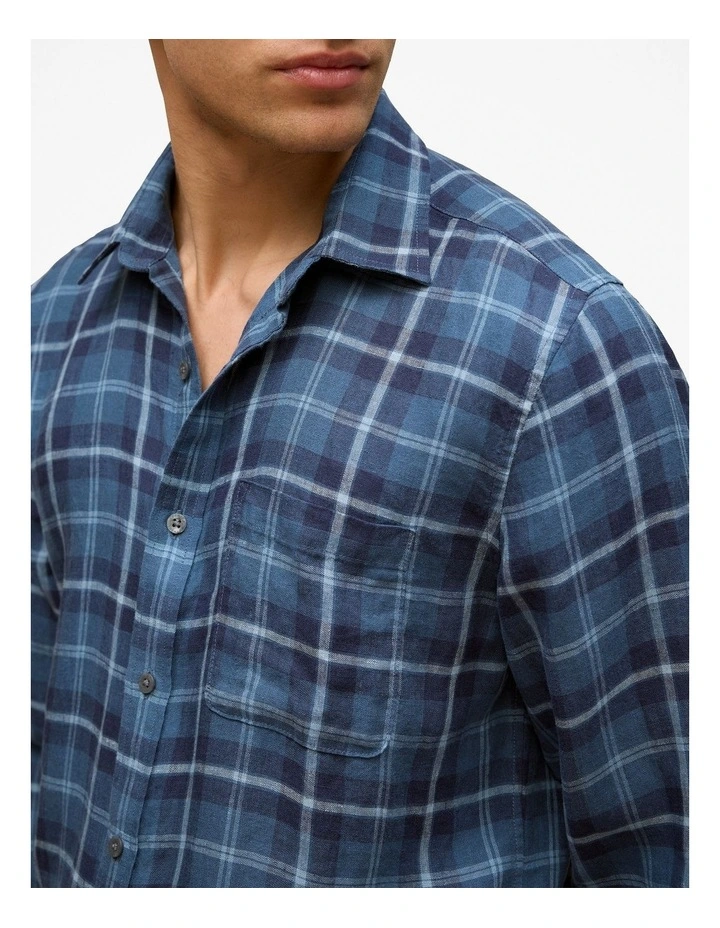 Regular Fit Linen Classic Check Shirt in Navy image 3