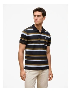 Colour Block Stripe Monogram Polo in Navy