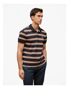 Textured Stripe Monogram Polo in Navy