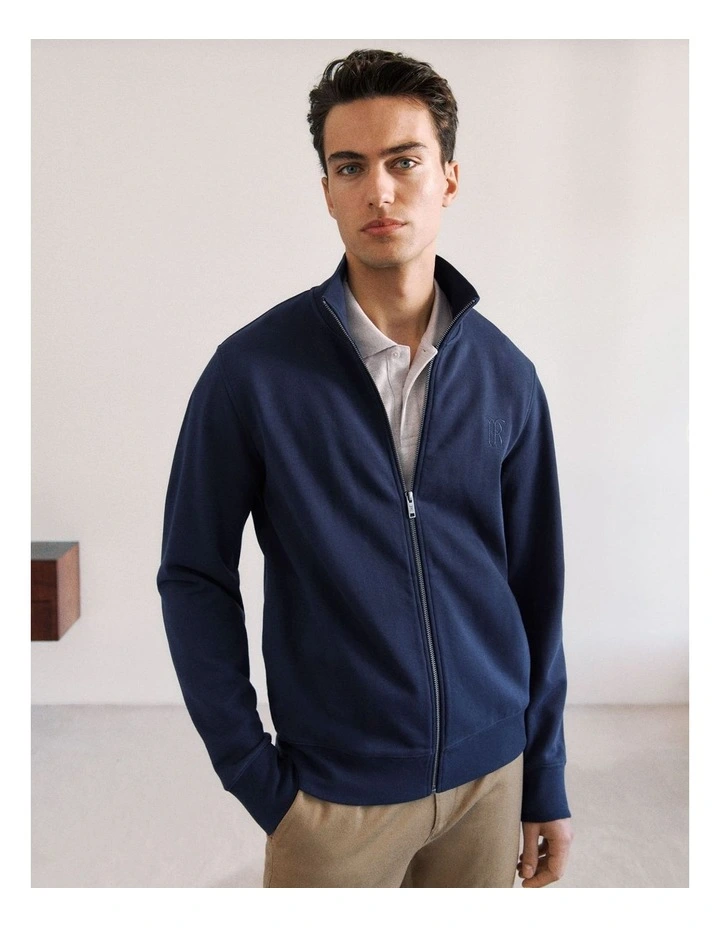 Cotton Zip Through Monogram Sweat in Navy image 2