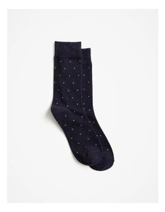 Square Grid Crew Sock in Navy Marle