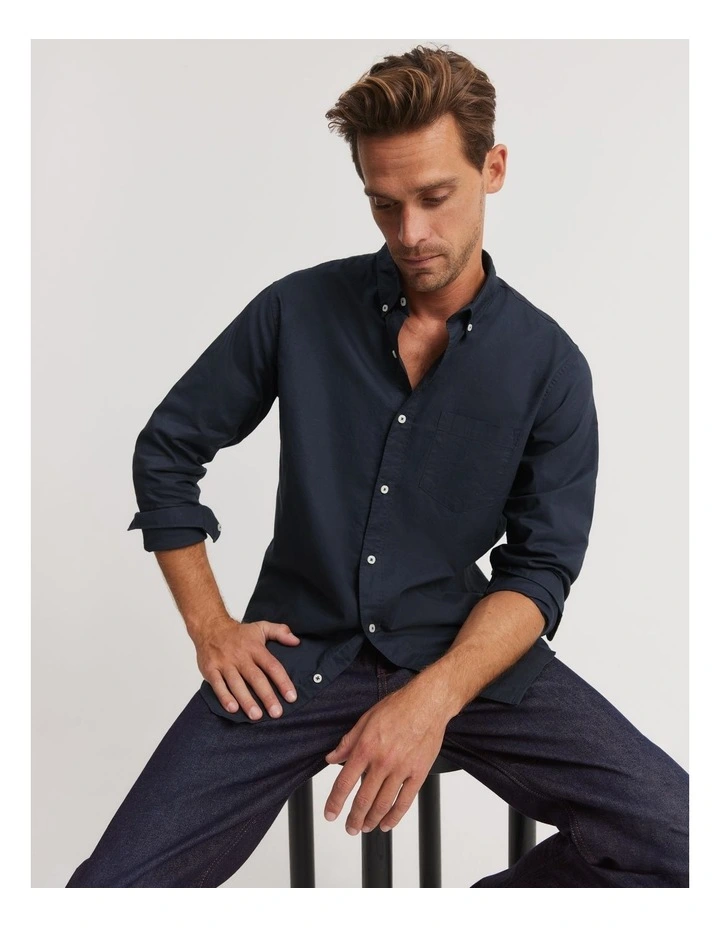 Regular Fit Washed Oxford Shirt in Navy image 1