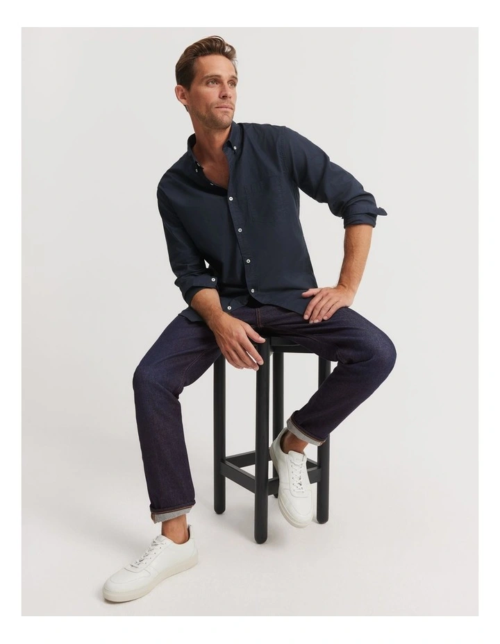 Regular Fit Washed Oxford Shirt in Navy image 2