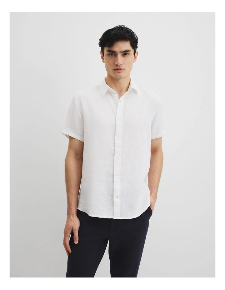 Regular Fit Organically Grown Linen Short Sleeve Shirt in White image 3