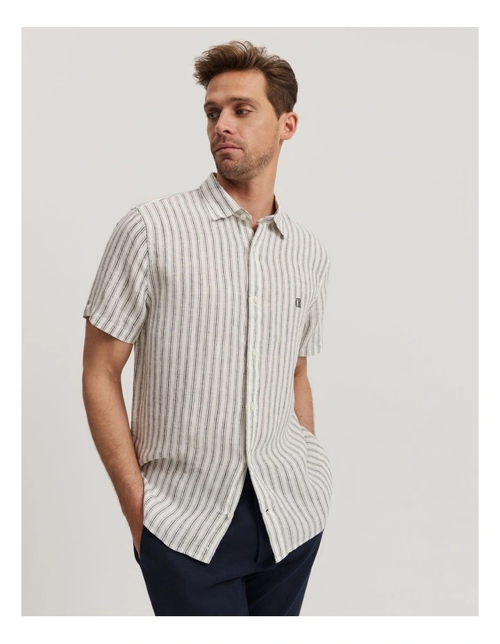 Regular Fit Linen Stripe Short Sleeve Shirt in Navy image 1