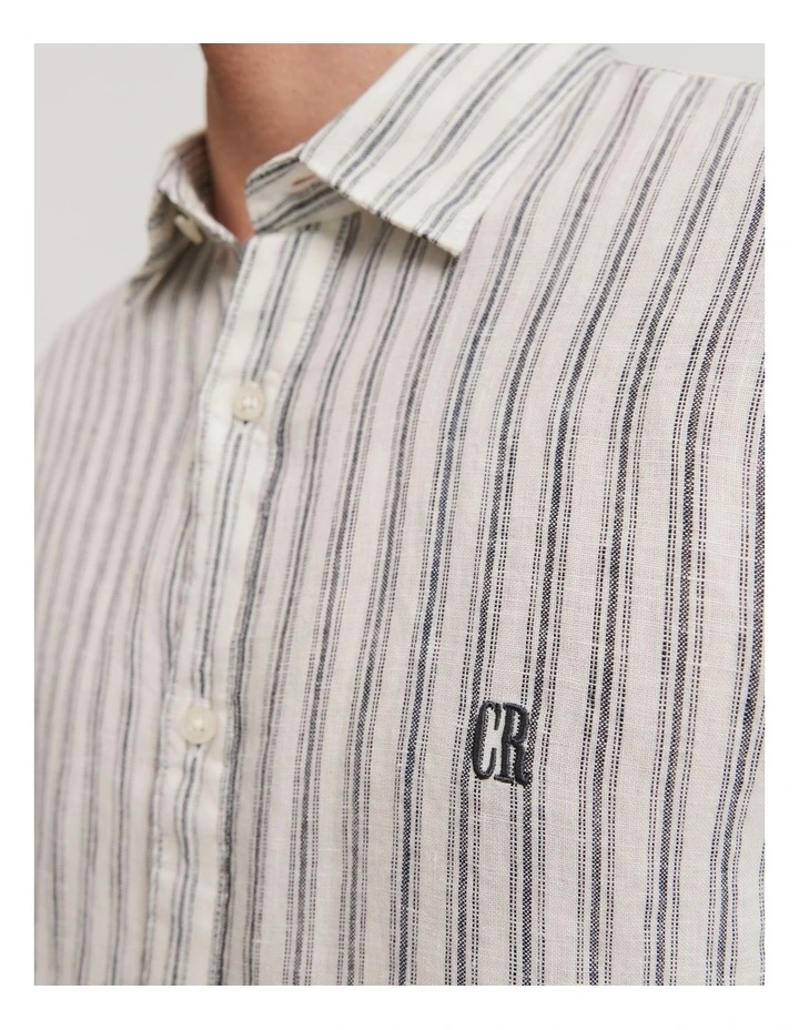 Regular Fit Linen Stripe Short Sleeve Shirt in Navy image 2