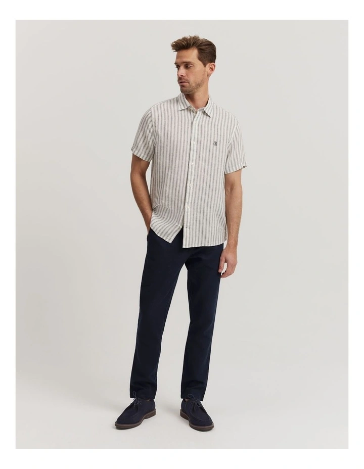 Regular Fit Linen Stripe Short Sleeve Shirt in Navy image 3