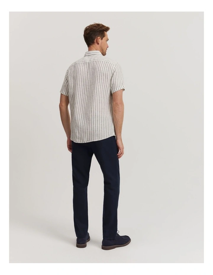 Regular Fit Linen Stripe Short Sleeve Shirt in Navy image 4