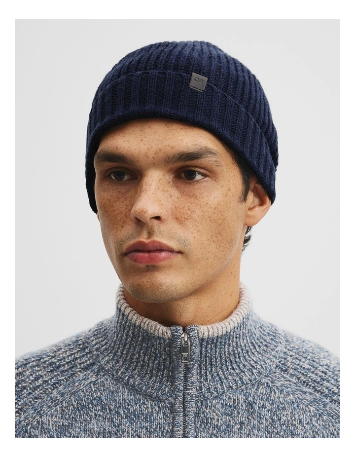 Cotton Blend Rib Beanie in Navy image 2