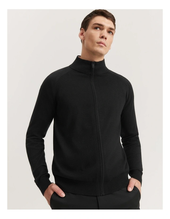 Long Sleeve Silk Cashmere Zip-through Knit in Black image 1