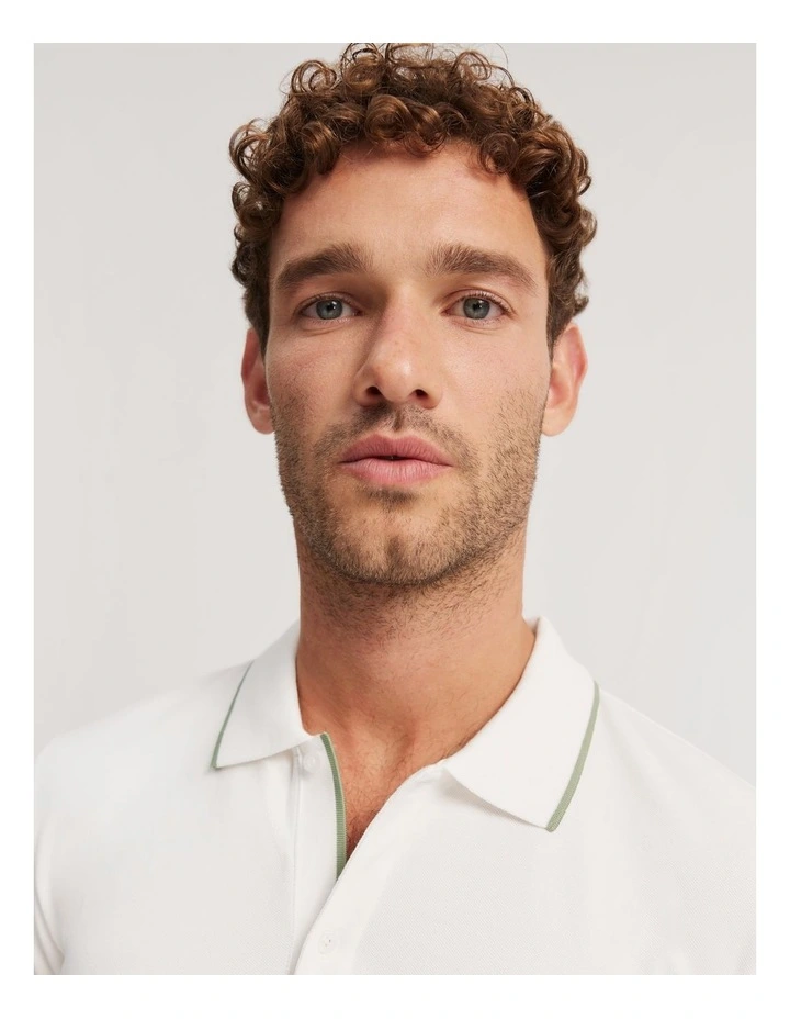 Slim Fit Stretch Pique Polo Shirt in White image 1