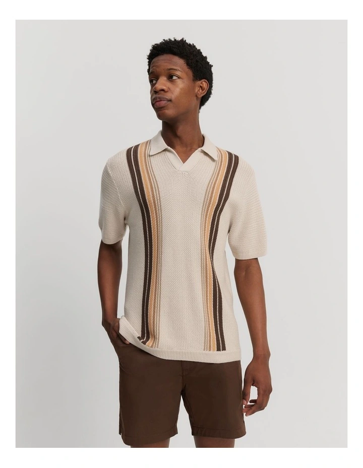 Cotton Knit Stripe Polo in Oat image 1