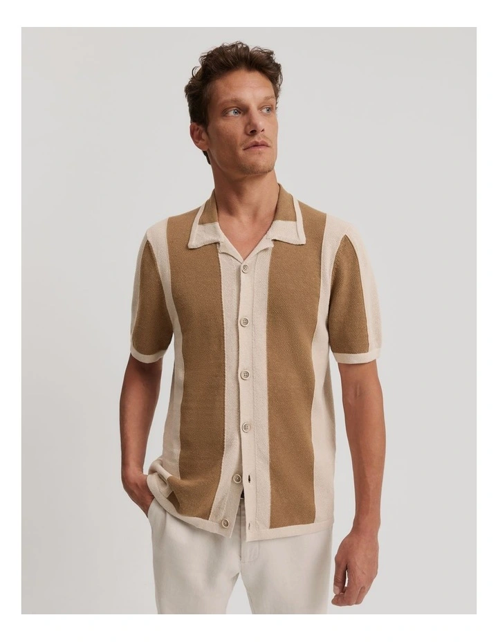 Slim Fit Cotton Stripe Knit Shirt in Walnut image 1