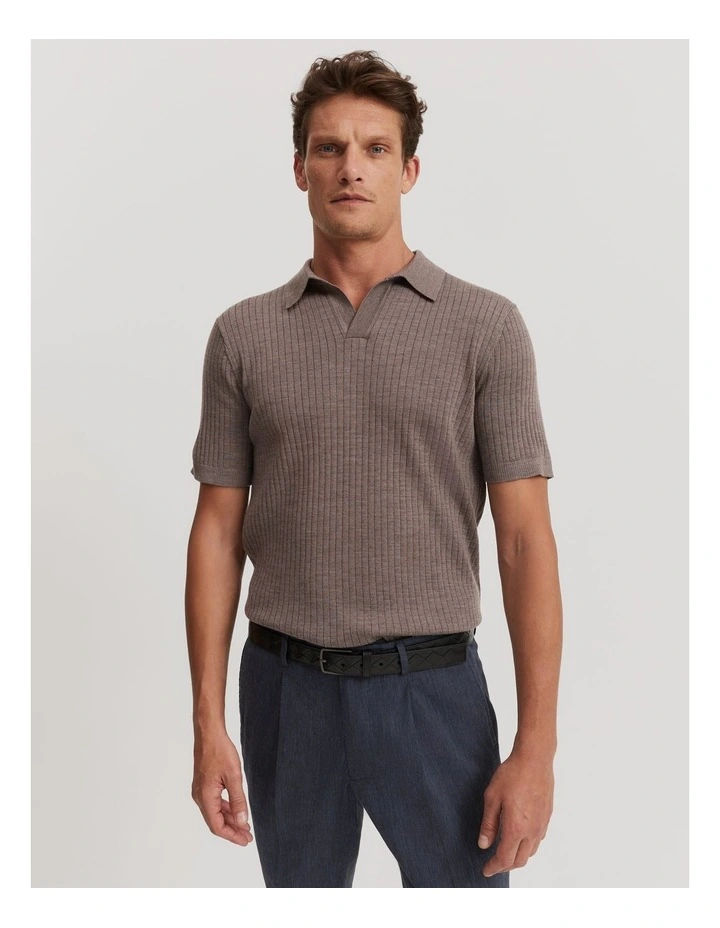 Australian Merino Rib Trophy Polo in Fawn image 1