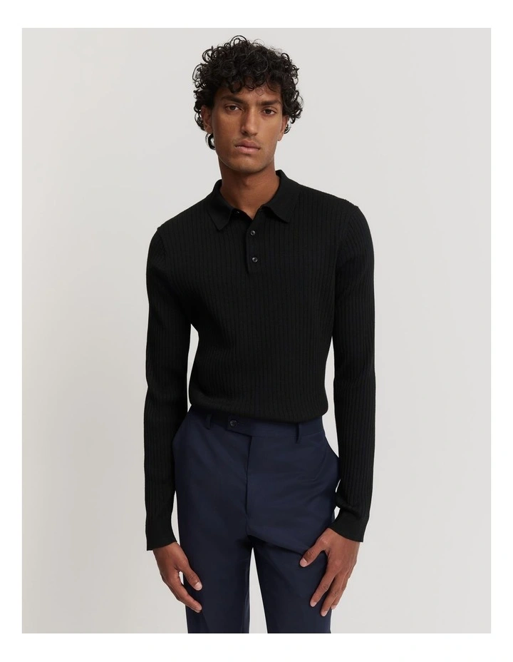 Australian Merino Wool Ribbed Polo in Black image 1