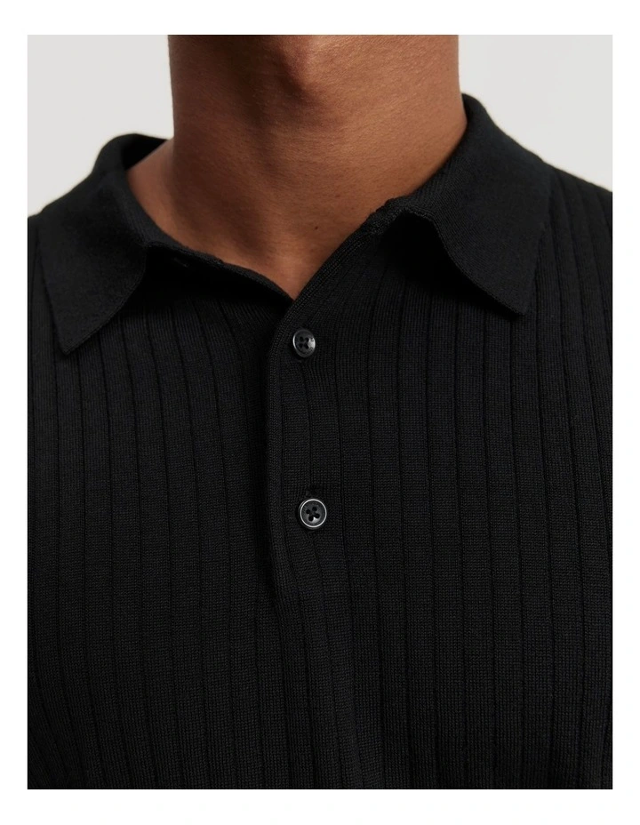 Australian Merino Wool Ribbed Polo in Black image 3