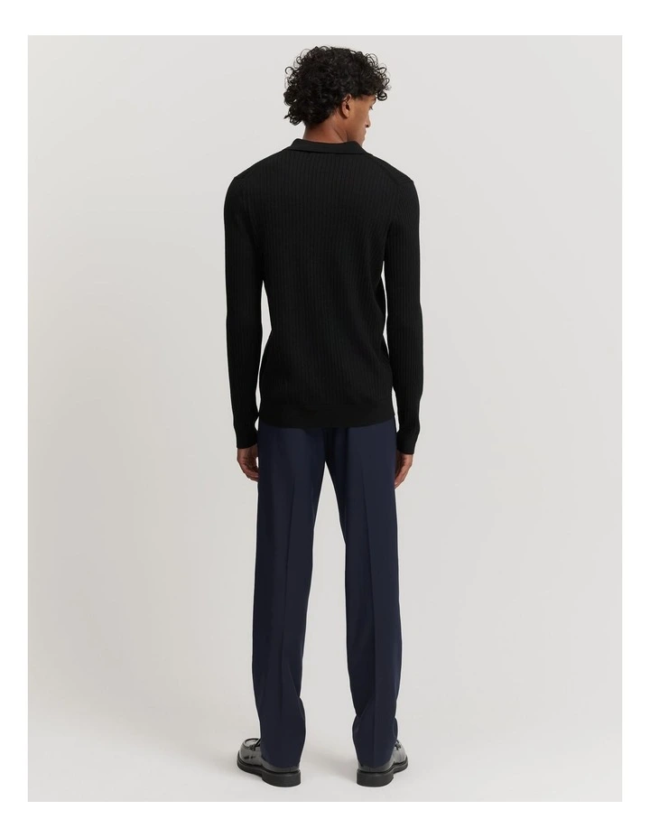 Australian Merino Wool Ribbed Polo in Black image 4