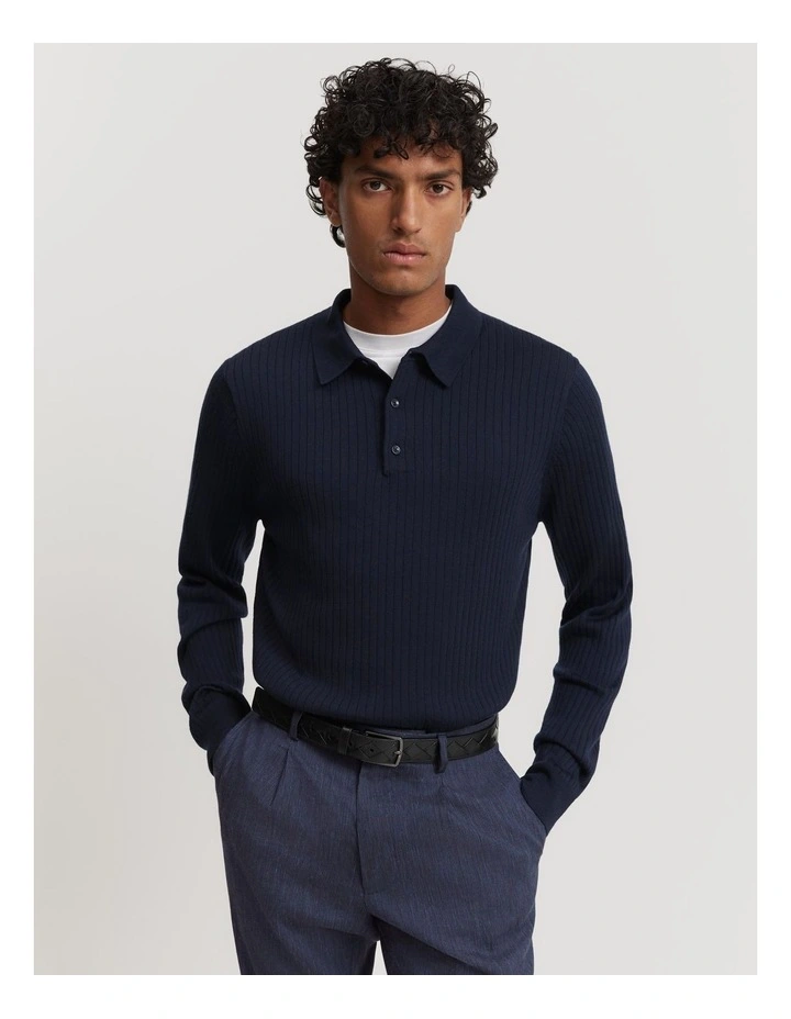 Australian Merino Wool Ribbed Polo in Navy image 1