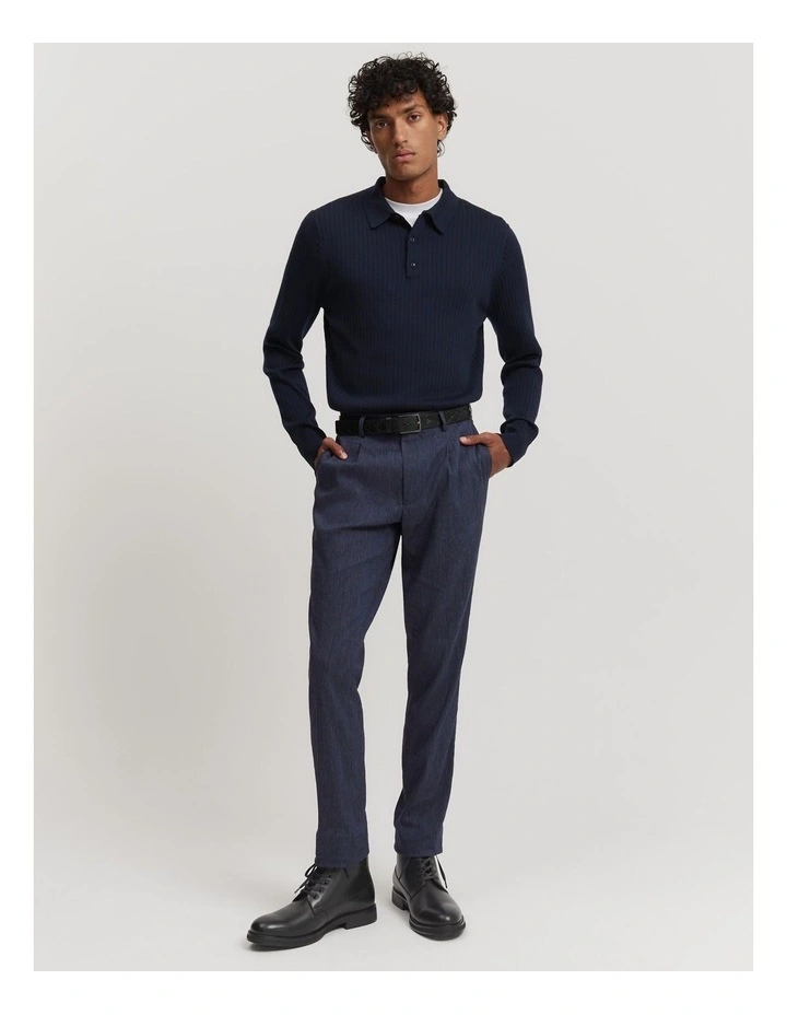 Australian Merino Wool Ribbed Polo in Navy image 2