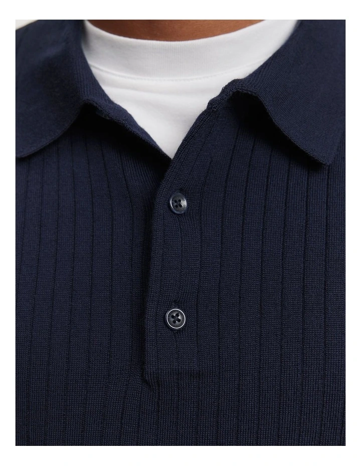 Australian Merino Wool Ribbed Polo in Navy image 3