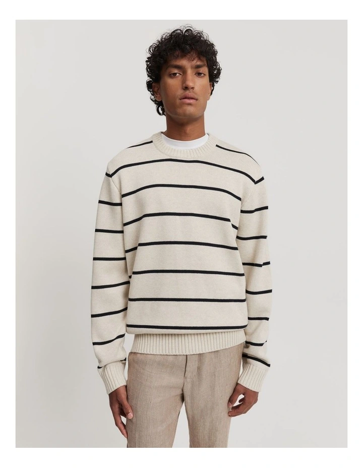 Cotton Stripe Crew Neck Knit in Oat Milk image 2