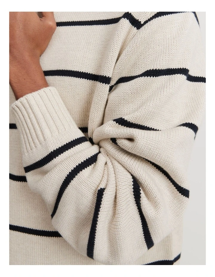 Cotton Stripe Crew Neck Knit in Oat Milk image 3