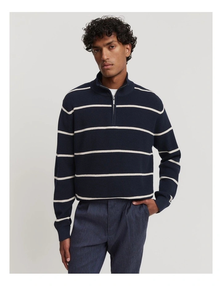 Cotton Stripe Half Zip Knit in Navy image 1