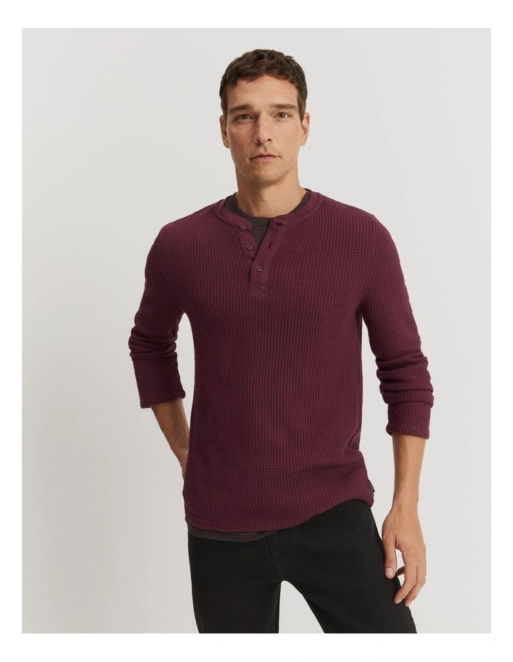 Cotton Blend Waffle Henley in Plum image 2