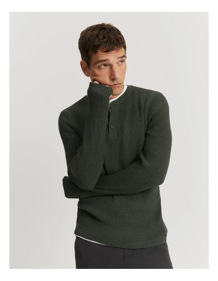Cotton Blend Waffle Henley in Khaki Marle image 1