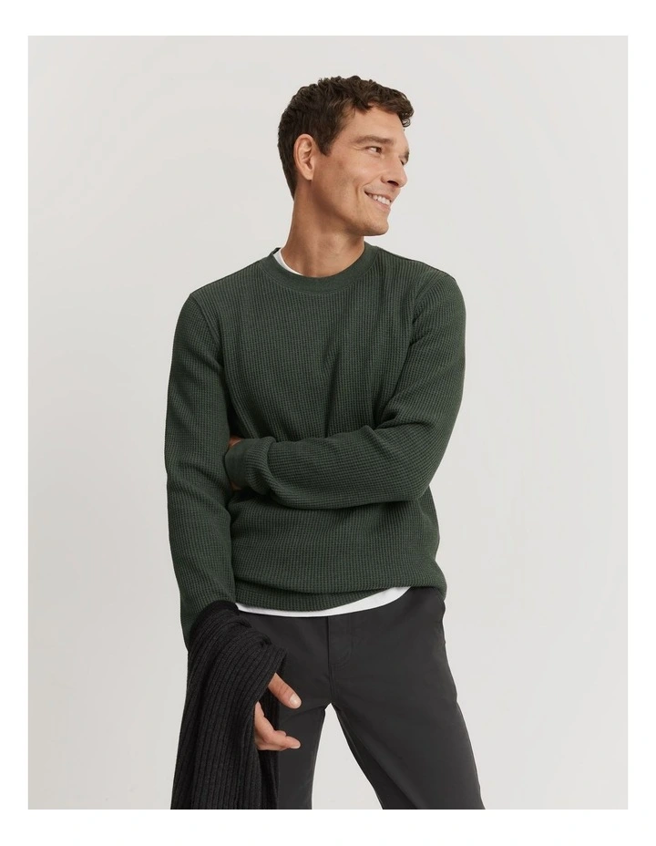 Australian Cotton Waffle Long Sleeve Crew Neck in Khaki Marle image 1
