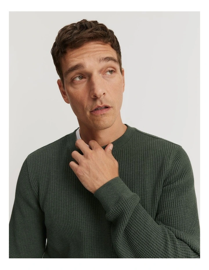 Australian Cotton Waffle Long Sleeve Crew Neck in Khaki Marle image 2