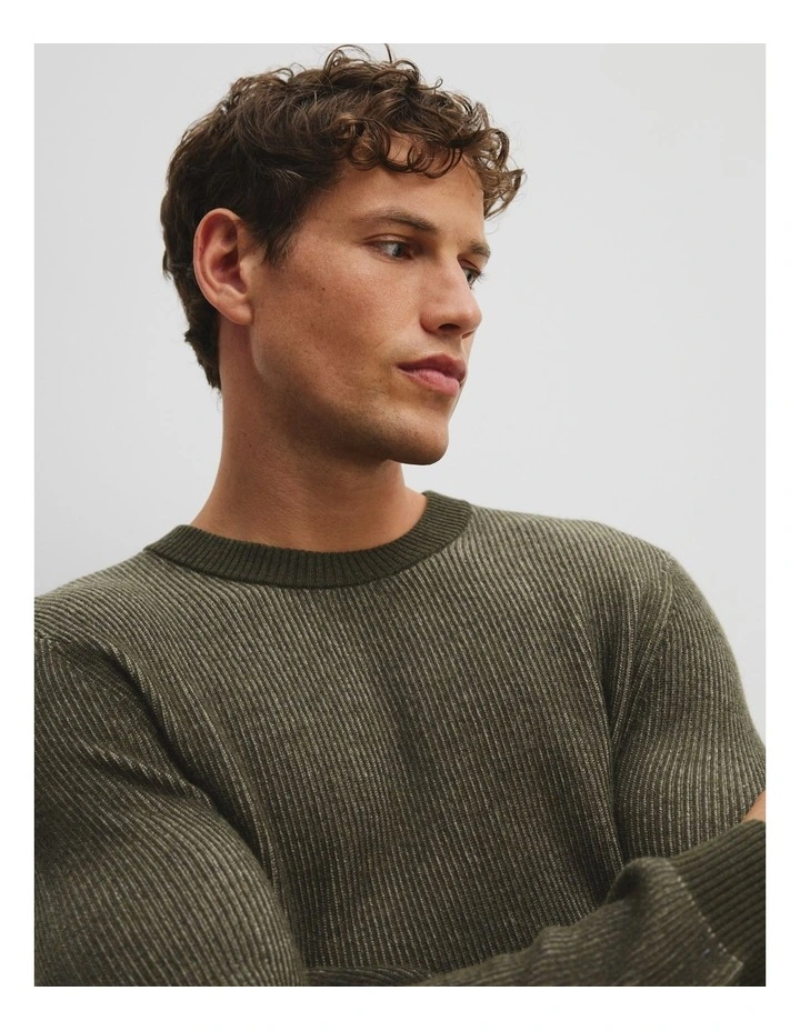 Cashmere Blend Crew Neck Knit Sweater in Khaki Green image 2