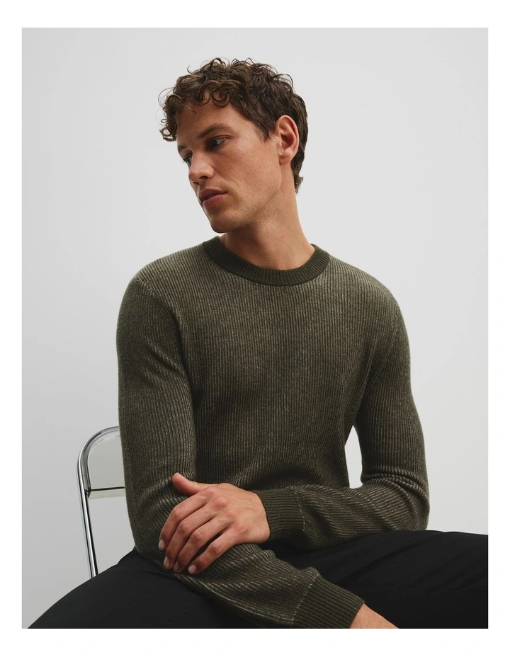 Cashmere Blend Crew Neck Knit Sweater in Khaki Green image 3