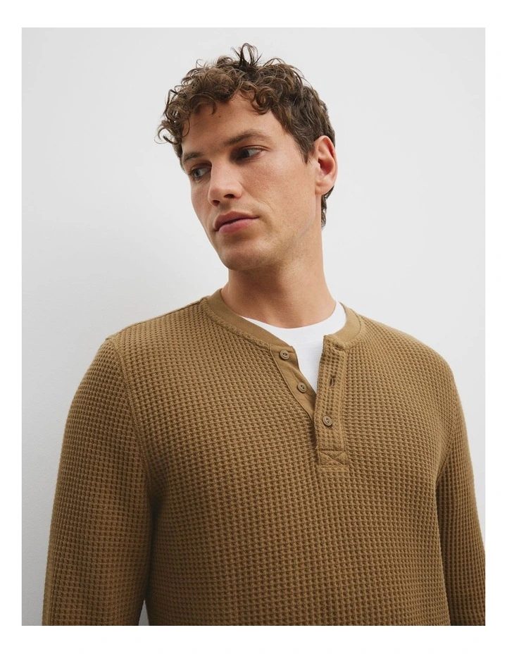 Cotton Blend Waffle Henley in Walnut image 2