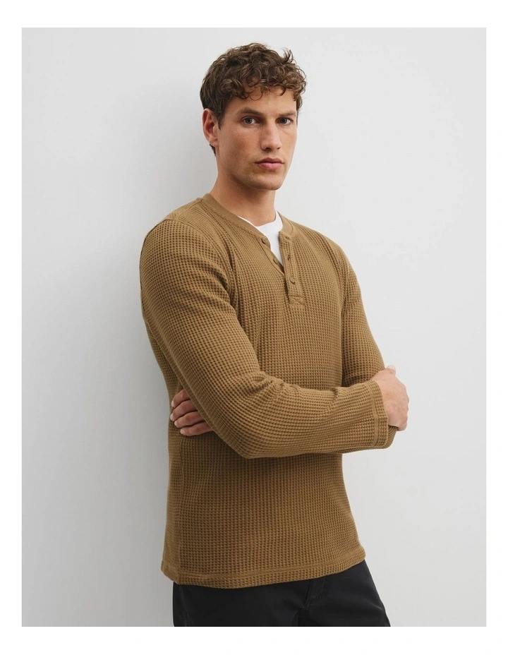 Cotton Blend Waffle Henley in Walnut image 3