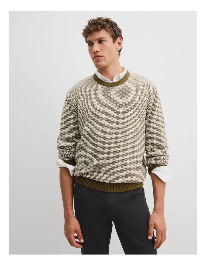 Australian Cotton Blend Contrast Stitch Knit in Khaki Green image 1
