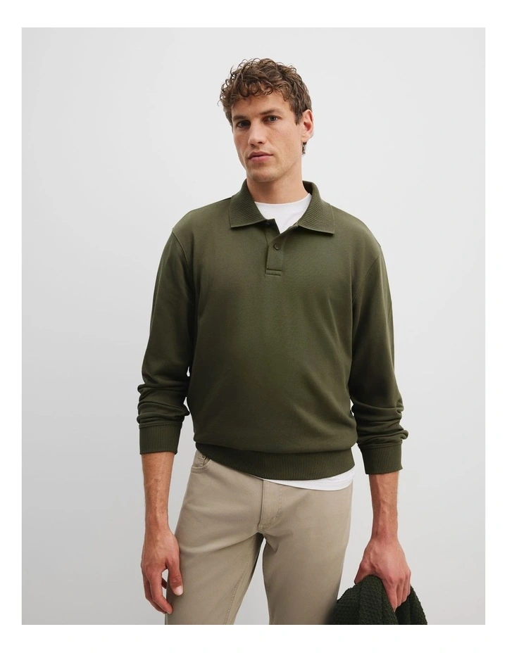 Cotton Polo Sweat in Khaki Green image 1